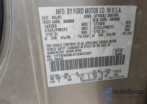 2001 Ford F-150 King Ranch Edition/Lariat/Xlt z USA, uszkodzony, nr VIN 1FTRW08L01KB43301